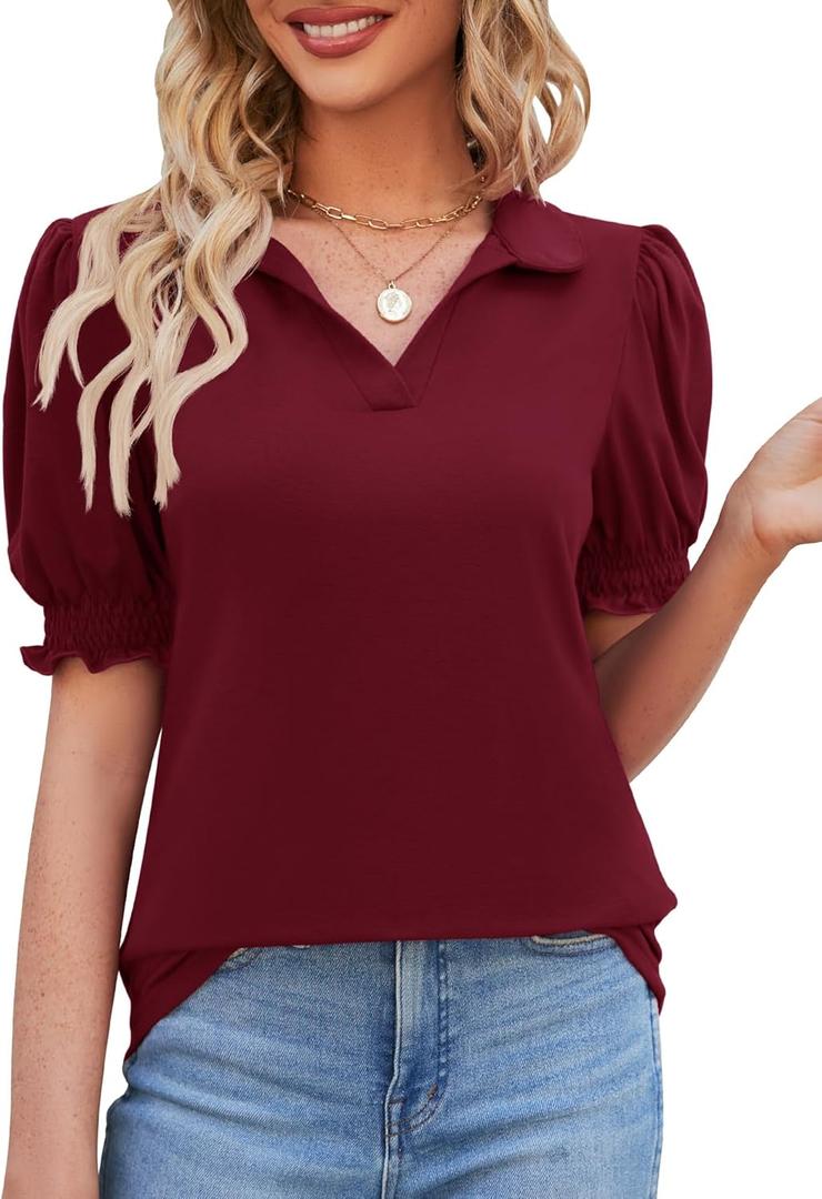 Micoson Womens Short Sleeve Polo T Shirts V Neck Casual Collared Tops Puff Sleeve Work Tunic Blouses (Medium, Burgundy)