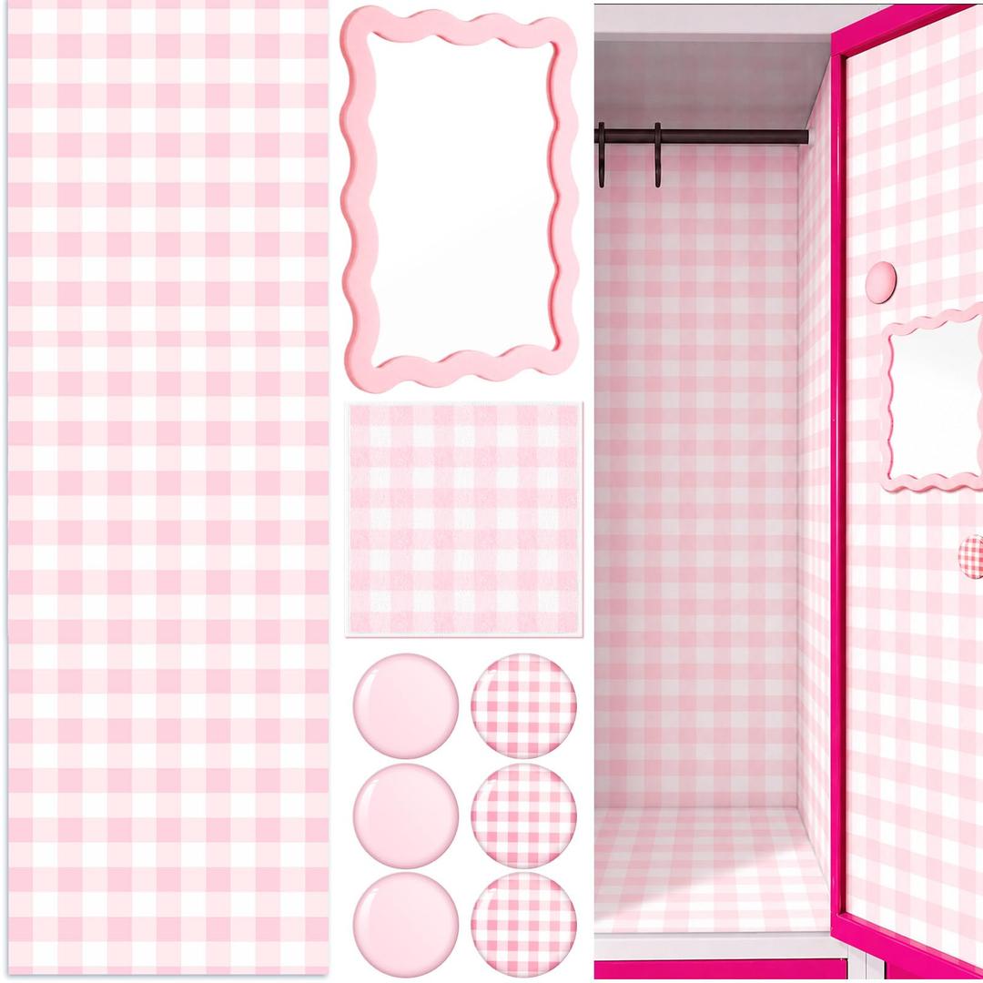 Weysat Pink 9 Pcs Locker Accessories Wallpaper Mirror Magnets, Gingham