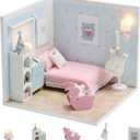 Kisoy Dollhouse Miniature with Furniture Kit, DIY 3D Wooden DIY House Kit A Corner of a Small Apartment Style with Dust Cover & LED, Handmade Tiny House Toys for Kids Adults Gift (Dream Room)