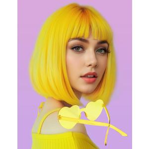 Wig and Sunglasses 12 Inch Short Bob Wigs with Bangs for Women Costume Cosplay Party (Yellow)