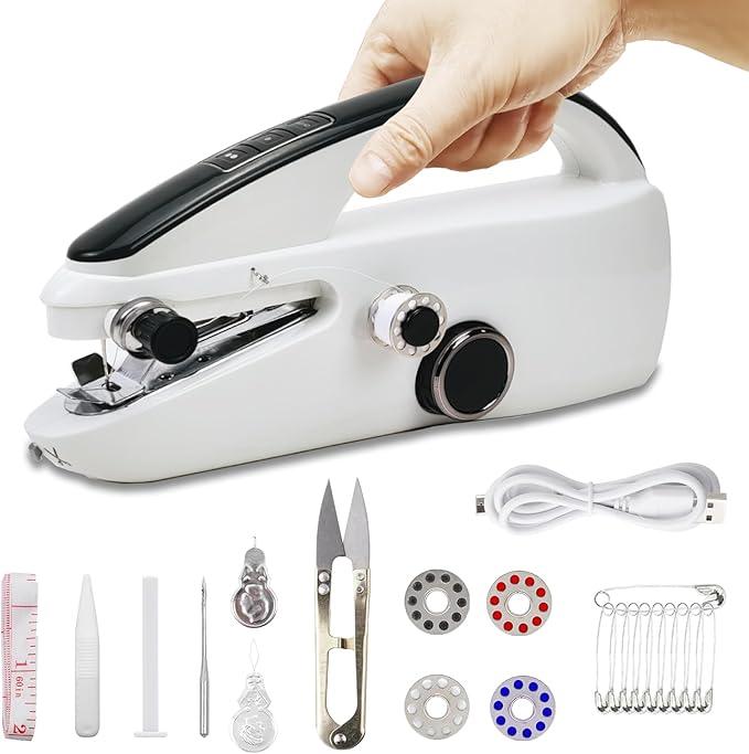 Handheld Sewing Machine for Beginners, Portable Mini Hand Held Sewing Machine Dual Speeds for Thin Fabrics, Home Travel Use, Maquina de Coser Portátil (White)