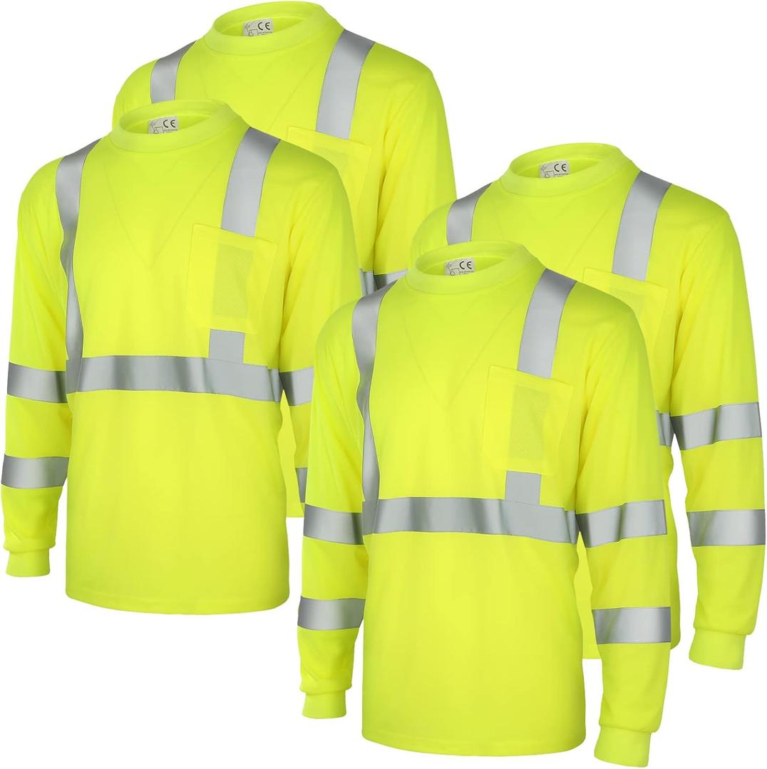 Amylove 4 Pcs Long Sleeve Safety Shirt High Visibility Reflective Construction Work Shirts for Men Women (L,Yellow)