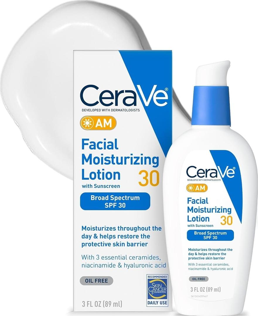 CeraVe AM Facial Moisturizing Lotion with SPF 30, Oil-Free Face Moisturizer with SPF, Formulated with Hyaluronic Acid, Niacinamide & Ceramides, Non-Comedogenic, Broad Spectrum Sunscreen, 3 Ounce