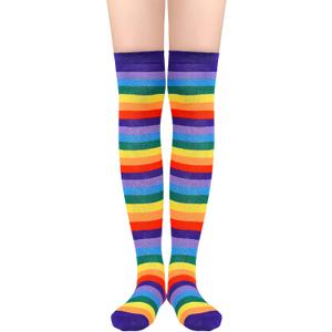 American Trends Womens Rainbow Socks Striped Knee High Socks Thigh High Stockings Casual Tube Socks Costume Leg Warmers (One Size, 02 Purple Rainbow)