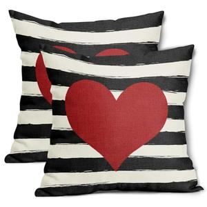 Valentines Day Pillow Covers 18x18 Inch Set of 2 Red Heart Black and Whtie Stripes Cotton Linen Decorative Throw Pillow Case Mothers Day Cushion Covers for Bedroom Sofa Living Room Chair Home Decor