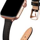 Slim Leather Bands Compatible with Apple Watch Band 38mm 40mm 41mm 42mm(Series 11 10), Top Grain Leather Watch Thin Wristband for iWatch SE 9 8 7 6 5 4 3 2 1 (Black Rose Gold)