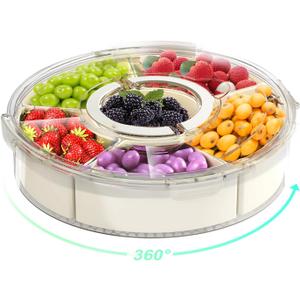 Divided Rotating Serving Tray with Lid and Handle, Portable Snackle Box for Fruits Snacks Veggie Charcuterie, Clear Lazy Susan Organizer and Fridge Storage Container for Adults Child (1PCS,9.5" L) (White)