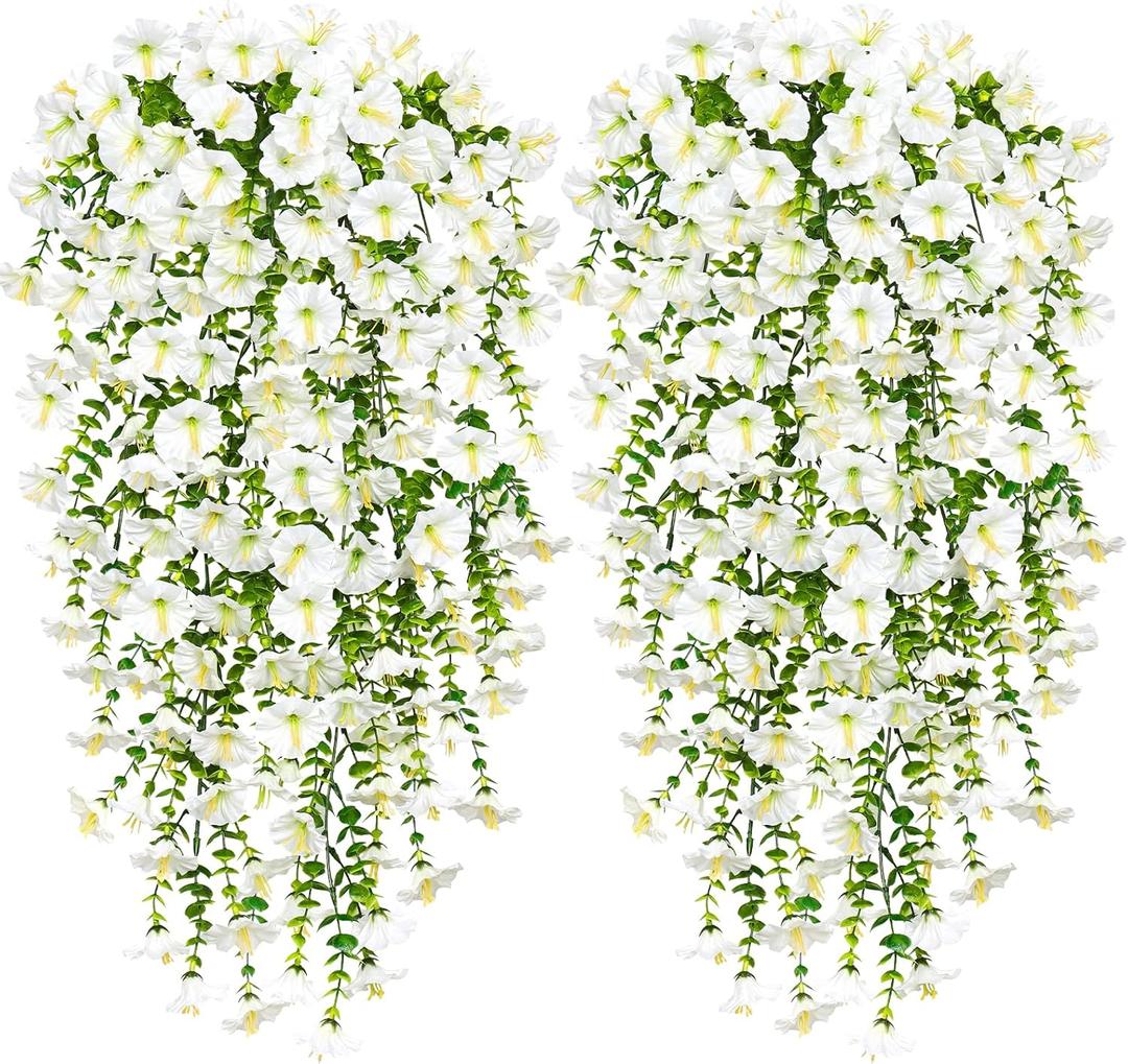 TOCHGREEN Artificial Fake Hanging Flowers Plants for Outdoor Decoration 2PCS Faux Silk Morning Glory Flowers UV Resistant Hanging Plants for Home Porch Patio Garden Planter Decor (White, 2PCS)