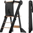 COSYLAND Foldable Toddler Standing Tower - Adjustable Height Folding Step Stool Kid Toddler Kitchen Stool for Learning and Cooking - Ages 18 Months to 6 Years with Safety Net Natural & Charcoal