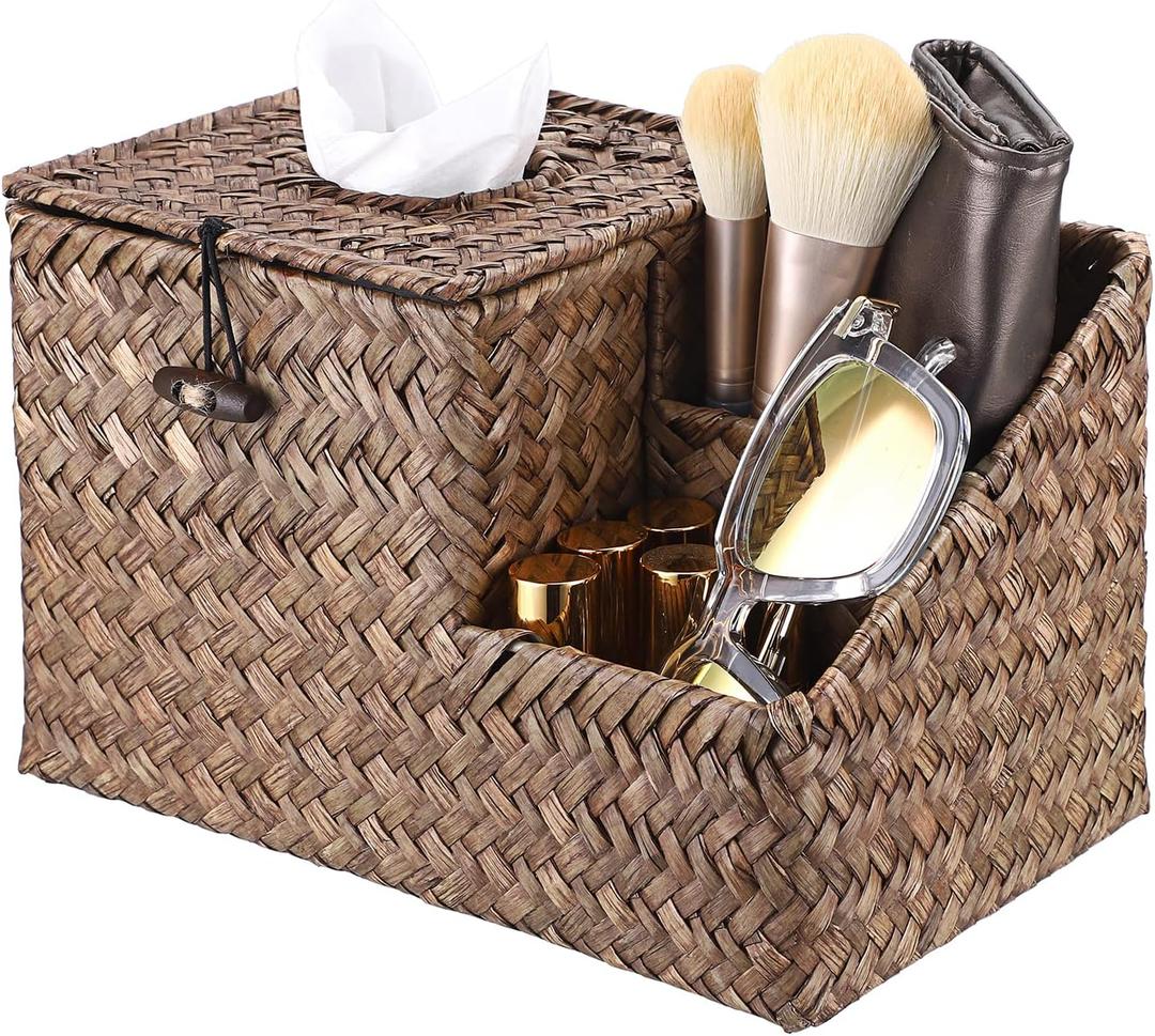 Sumnacon Square Woven Tissue Box Cover - Decorative Cube Tissue Box Holder with Side Organizer, Rustic Seagrass Tissue Box for Living Room Vanity Night Stand Table Countertop Office,Coffee