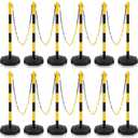 Traffic Delineator Post Cone, Plastic Stanchion Post Set Crowd Control Stands Barrier with 6.6 ft Link Chain and S Hooks for Parking Lot Construction Caution Roads, Yellow, Black (12 Sets)