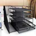 5-Tier Paper Letter Organizer with File Holder, Desk Organizer with Drawer, Mesh Desktop Storage with Magazine Holder for Office Supplies (Black)