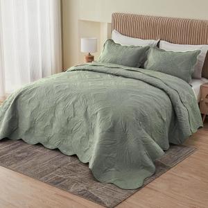 Kingnex Oversized King Bedspreads 128x120 for Extra Wide Tall King or Cal King Bed Ultrasonic Quilted Coverlet Set 3 Piece Include 1 Quilt 2 Pillowcases Sage
