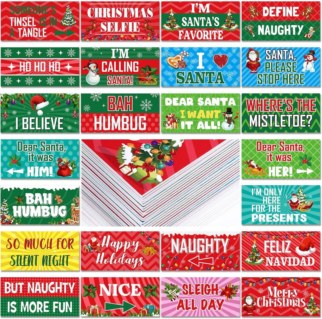 Beeveer 24 Designs Christmas Photo Booth Props Double Sided 11x5.51'' Christmas Party Decoration Red and Green Xmas Props for Photoshoot Supplies Waterproof Selfie Signs PVC for Holiday Party Supplies