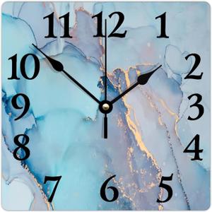 Square Wood Wall Clock Abstract Blue and Gold Texture Non-Ticking Battery Operated Wall Clock Shabby Chic Wood Clock Suitable for Living Room Bathroom Dining Room Wall Decor 10 Inch