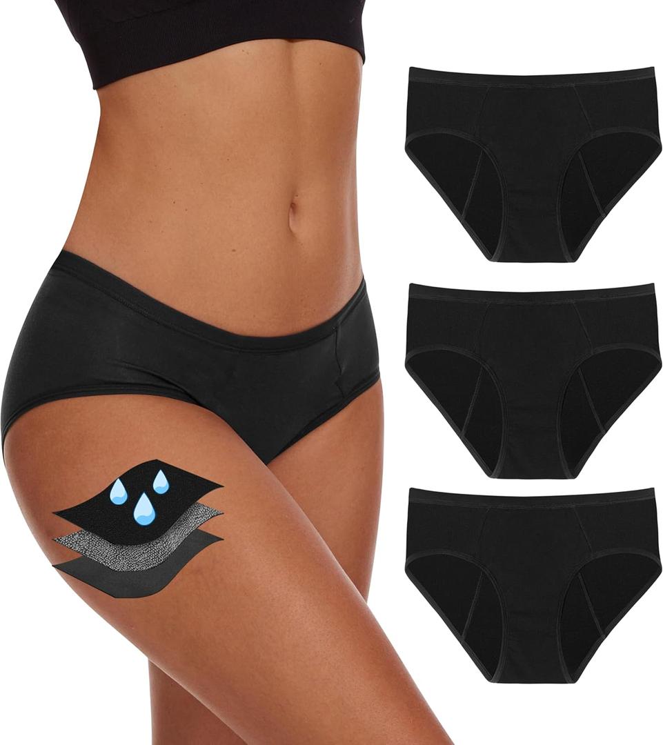 Period Underwear For Women, Leak-Proof Hipster, Brief, Heavy Flow, 3 Pack (XX-Large, Black)