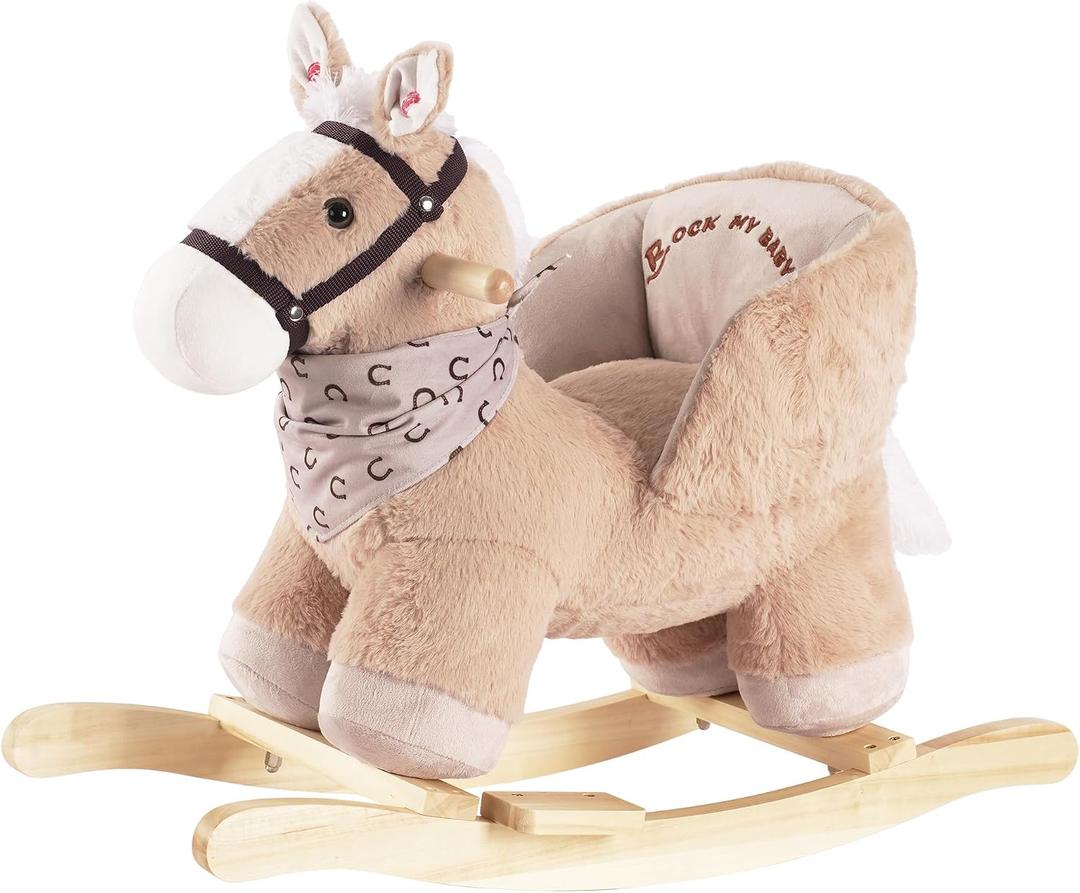 Rock My Baby Rocking Horse, Baby Animal Rocking Horse with Seat, Ride on Horse, Plush Rocking Horse with Realistic Sound, Wooden Rocking Horses Ages 1-3 (Caramel Color Horse), CPC Certified, Small