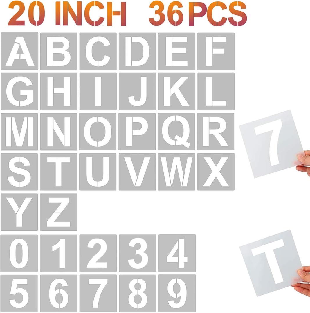 YEAJON 20 Inch Letter Stencils and Numbers, 36 Pcs Alphabet Art Craft Stencils, Reusable Plastic Templates for Wood, Wall, Fabric, Rock, Signage, DIY Art Projects (20 Inch)