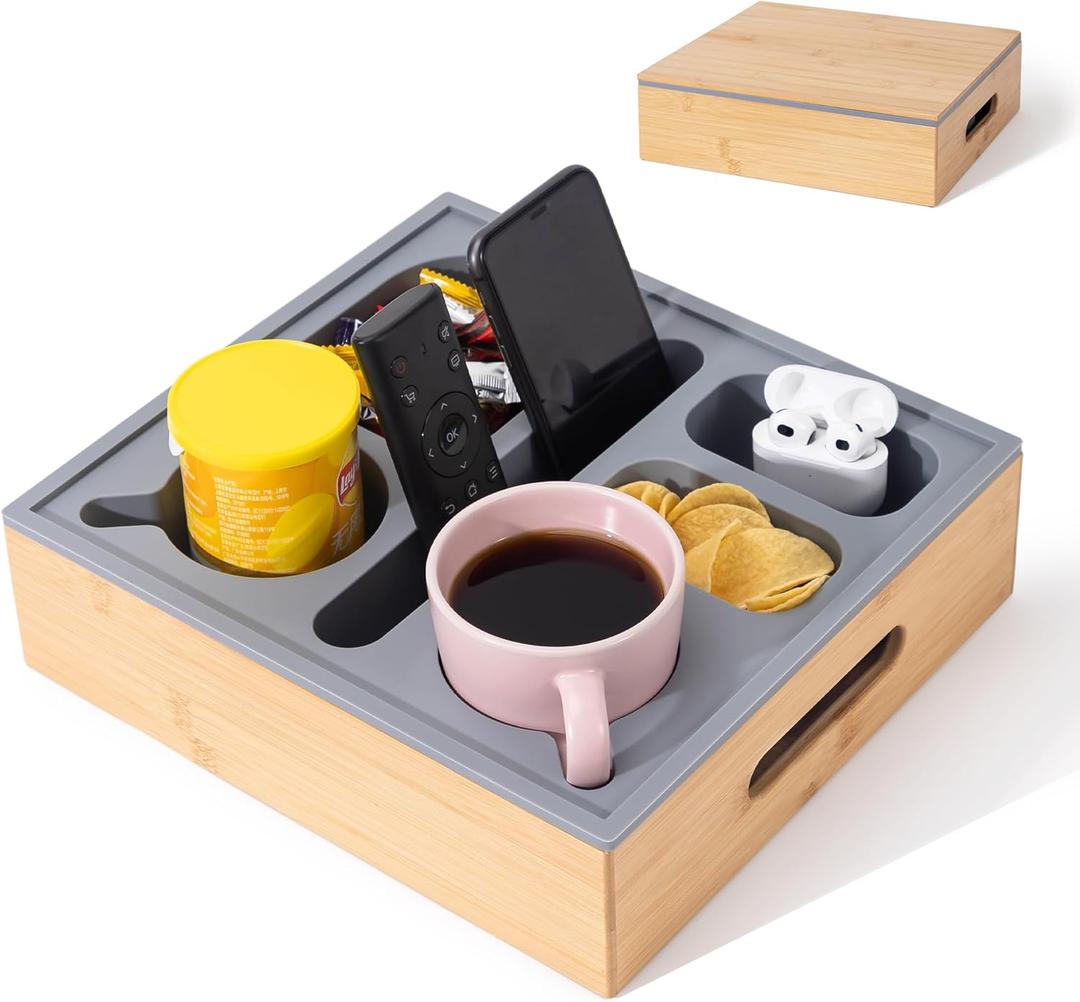 Couch Cup Holder with Lid, Silicone Bed Caddy with Cup Holder, Bed Organizer for Drinks, Snacks, Remotes, Bamboo Couch Caddy for Sofa, Bed and Car(Dark Grey)