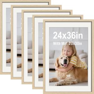 24x36 Poster Frame 5 Pack, Oak Wood with Plexiglass, 20x30 Mat