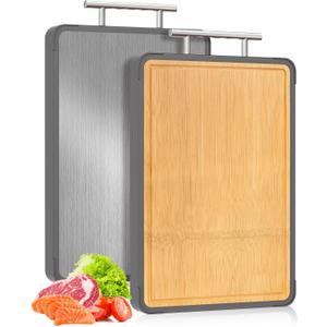 Cutting Boards for Kitchen - Food Grade Double Sided Pure Titanium& Bamboo Chopping Board with Handle, Slip resistant Non-toxic Charcuterie Board Housewarming Gifts (1611)