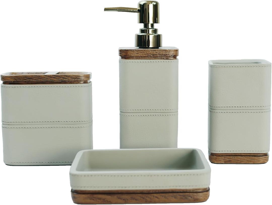 Hymmah Juego de accesorios de bao con diseo de patrn de cuero, decoracin de bao de granja, juego de regalo de resina de 4 piezas, necesidades de apartamento, contiene tarro de hisopo de algodn, (Beige claro)