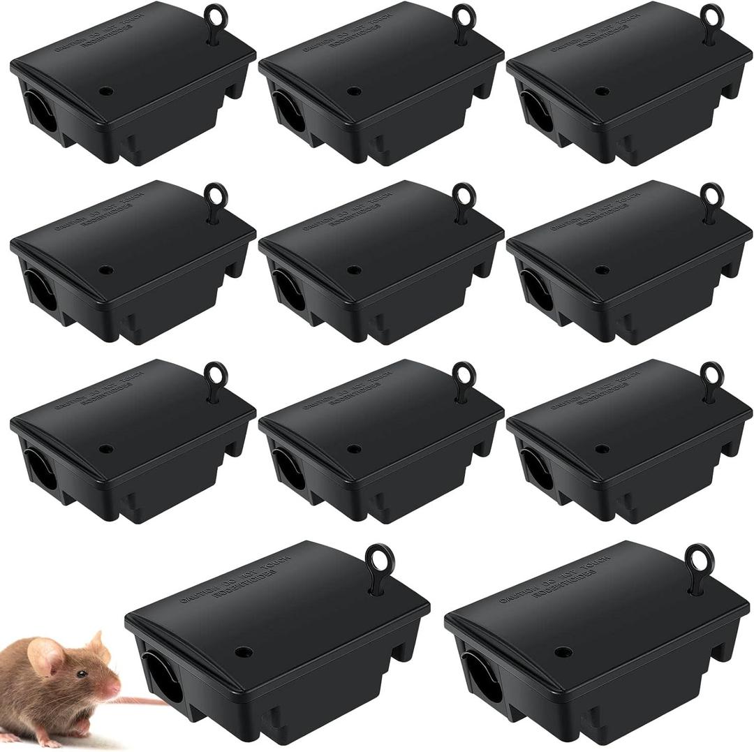 Qualirey 12 Packs Rat Bait Station Box Outdoor Rodent Rat Traps with Key Mouse Bait Station Indoor Mice Box for Outdoor Use Keeping Pets and Children Safe (Black)