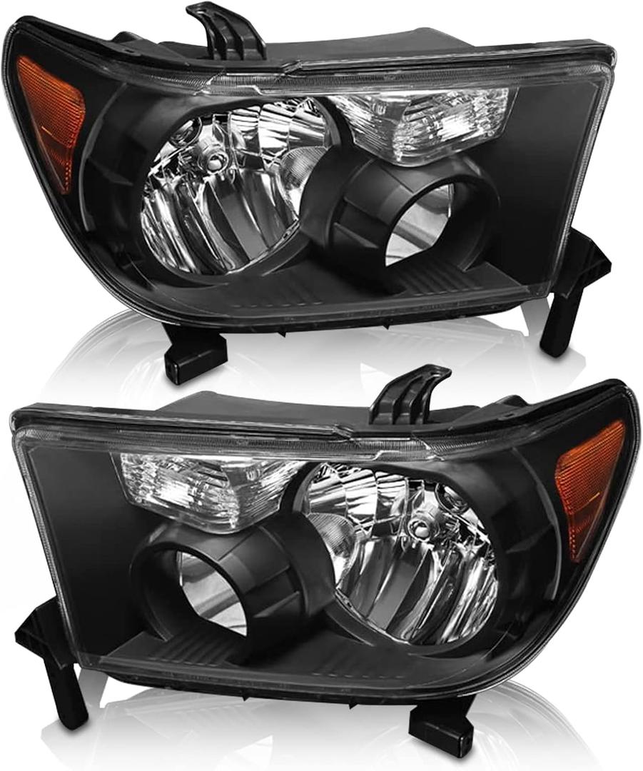 AS Headlight Assembly Compatible 2007-2013 Toyota Tundra Headlight Assembly Replacement for 07-13 Toyota Tundra /2008-2017 Toyota Sequoia Without leveling system with Black Housing Amber Reflector