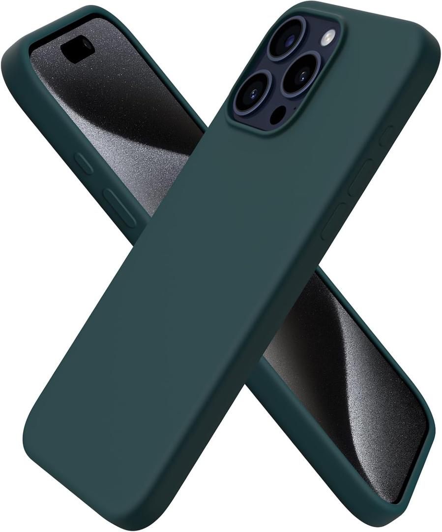 ORNARTO Compatible with iPhone 15 Pro Max Case 6.7", Slim Liquid Silicone 3 Layers Soft Gel Rubber Shockproof Protective Phone Cover with Anti-Scratch Microfiber Lining-Olive Green