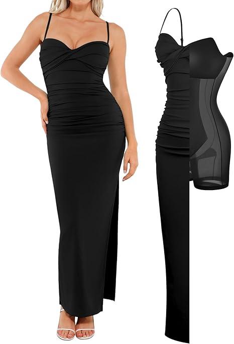 Popilush Women's Shapewear Maxi Dress Corset Ruched Bodycon Elegant Formal Cocktail Evening Dresses, M, Black