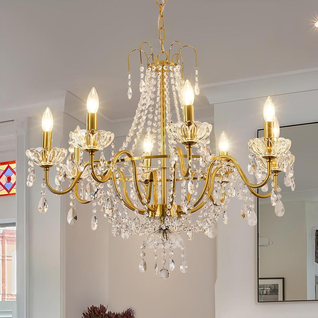 YYJLX Modern Crystal Chandelier 8 Light Candle Ceiling Chandelier Vintage Gold Pendant Light Fixture for Dining Room Living Room Foyer Kitchen Bedroom