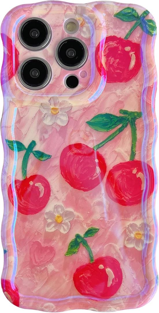 Caseative for iPhone 16 Pro Max Case,Curly Wavy Frame Cherry Flower Floral Print Phone Case (Cherry)