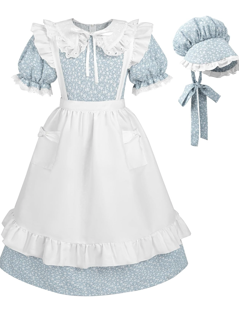 LTAKK Pioneer Dress Girls Colonial Costume Prairie Pilgrim Girl Dresses with Apron and Bonnet Large 