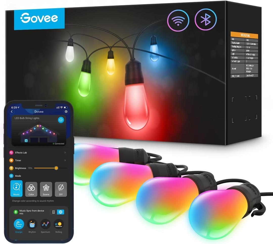 Govee Smart Outdoor String Lights H7021, RGBIC Warm White 96ft (2 Ropes of 48ft) LED Bulbs for Outdoor Decorations, WiFi Patio Lights Work with Alexa, Google, APP Control, IP65 Waterproof (96ft)