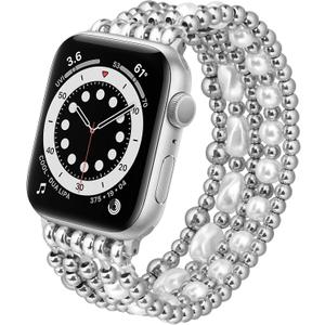 Beaded Bracelet Compatible with Apple Watch Band 41mm 40mm 38mm 42(Series10) Women, Stainless Steel Gold & Silver Beads, Cute Handmade Elastic Stretch Strap for iWatch Series SE 10 9 8 7 6 5 4 3 2 1