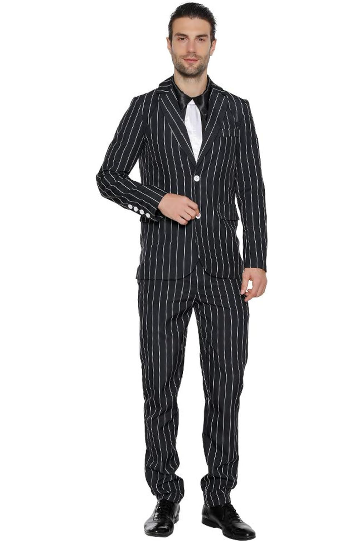 EraSpooky Men's 1920s Gangster Costume Wide Pin Stripe Suit Include Jacket Pants Shirt Front with Attached Necktie M