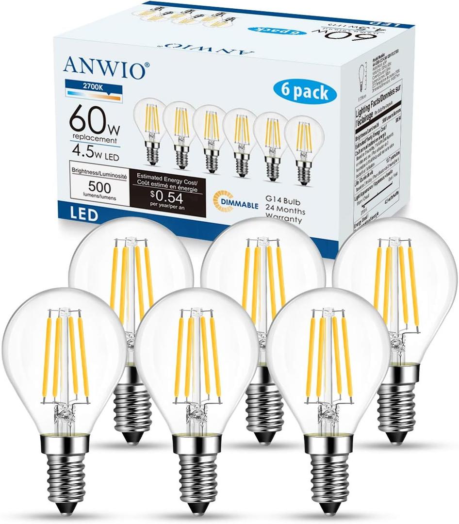 ANWIO G14 LED Globe Filament Bulb E12 Screw Base Dimmable 4.5W(60W Equivalent) 2700K Warm White Chandelier Edison Light Bulb(6-Pack) (Yellow)