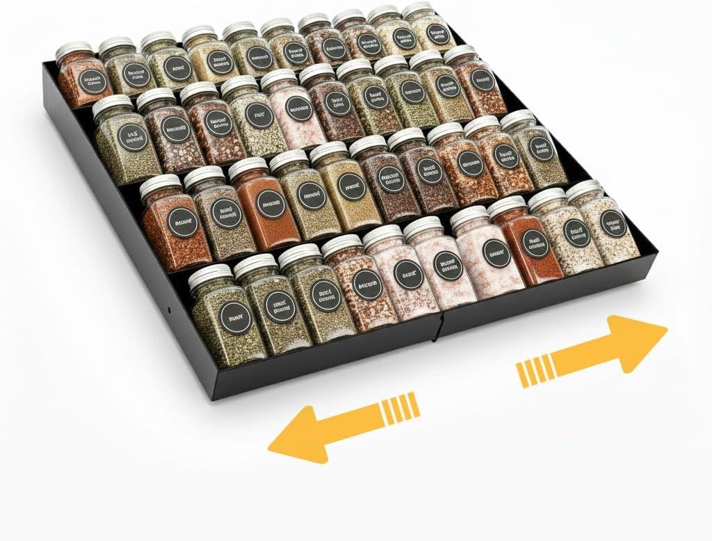 GOENDR Metal Spice Drawer Organizer, 4-Tier Spice Rack for Drawer, Expandable Seasoning Organizer Fits 11.4-22.8 Wide Drawer, Holds up to 48 Spice Jars (Not Included), Black
