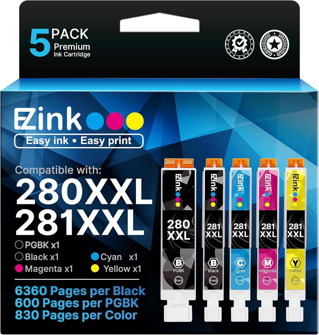 E-Z Ink Compatible Ink Cartridge Replacement for Canon PGI-280XXL CLI-281XXL 280 XXL 281 XXL Compatible with TR8620a TR8620 TS702a TS9520 TS9521C TR8520 TS6220 TS6320 TS8220 (5 Pack)