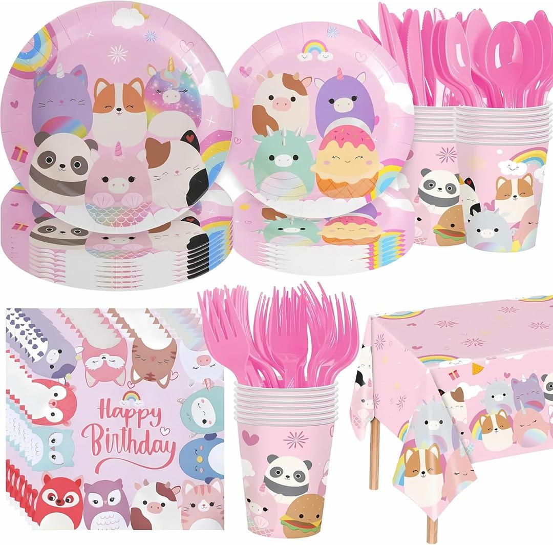 Partymelon Cute Animals Birthday Decorations Kids Party Supplies with Plates Cups Napkins Spoons Forks Knives Tablecloth