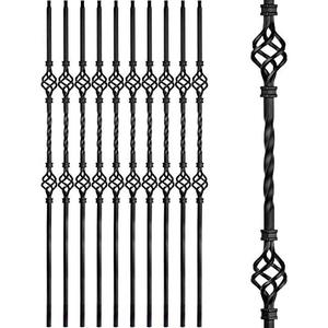 Aotree Iron Balusters - Wrought Iron Stair Balusters - Hollow Double Basket Metal Spindles - 44" X 1/ 2" - Box of 10 (Satin Black)
