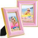 3.5x5 Velvet Picture Frame, Pink Photo Frames with Modern Simple Metallic Gold Border, HD Real Glass Horizontal & Vertical Display for Tabletop and Wall Collage Decor (2 Pack)