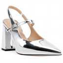 heelchic Women's Pumps Slingback Chunky Heels Closed Pointed Toe Comfortable Low Block Heel Slip-on Sandals Wedding Party Dress Shoes Work Pumps (Silver, 9)