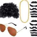 WILLBOND Hippie 70s Disco Costume Set for Men Short Curly Afro Wig Sunglasses Faux Gold Chain Fake Moustache Party Accessory (Black)
