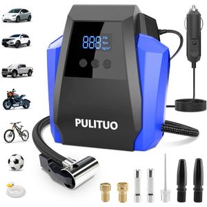 PULITUO Tire Inflator Portable Air Compressor - Car Accessories 12V DC Air Pump for Car Tires with Digital Pressure Gauge, Emergency LED Light for Wheel, Bike, Ball, Motor (Blue)