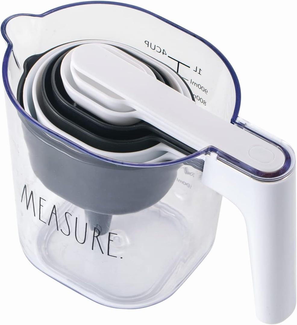 Rae Dunn Measuring Cup Set - 9 PC. Nesting Stackable Liquid Measure Cup, Dry Measuring Cups and Spoons with Funnel and Scraper - Nesting and Clicks Together for Easy Storage (Multi)
