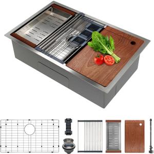 SANYCASA 30 Inch Undermount Kitchen Sink Superior Drain Kitchen Sinks 11 Gauge (3mm) Stainless Steel, Single Bowl Integrated Ledge Multifunctional Workstation Set