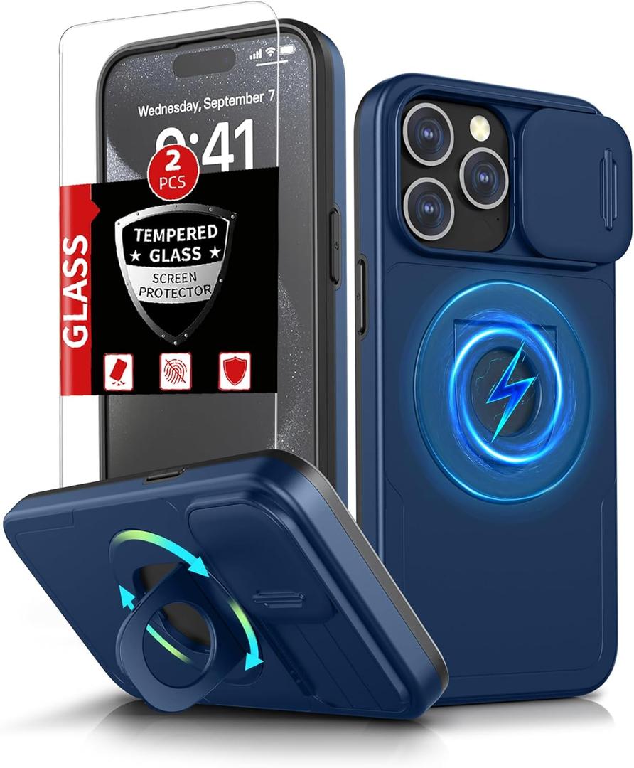 for iPhone 15 Pro Max Case Magnetic Compatible with MagSafe Wireless Charging,with 2 Screen Protectors,Built-in Kickstand Ring+Camera Cover Anti-Scratch Shockproof Heavy Duty Protection Blue