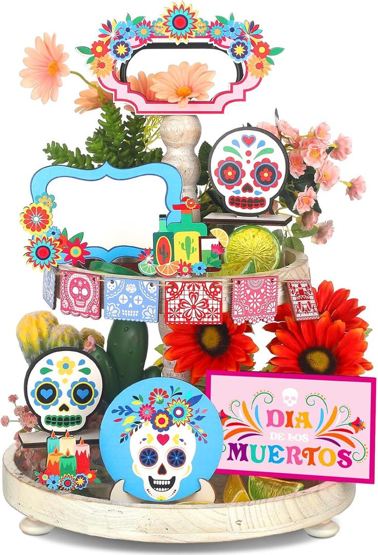 14 Pcs Day of The Dead Tiered Tray Decor Mexican Dia De Los Muertos Decorations Sugar Skull Wooden Table Signs Wreaths Wine Flowers Candles Centerpieces for Halloween Party Decor