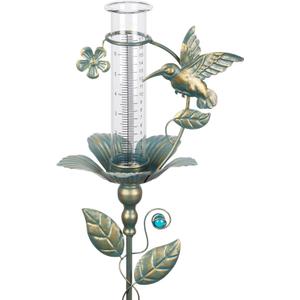 Rain Gauge Outdoor, Hummingbird 7 Inch Glass Rain Gauge, Clear Numbers and Adjustable Height Metal Stake, Freeze Proof Water Rain Measure Gauge for Yard Garden Lawn Outside Decor (Copper Green)